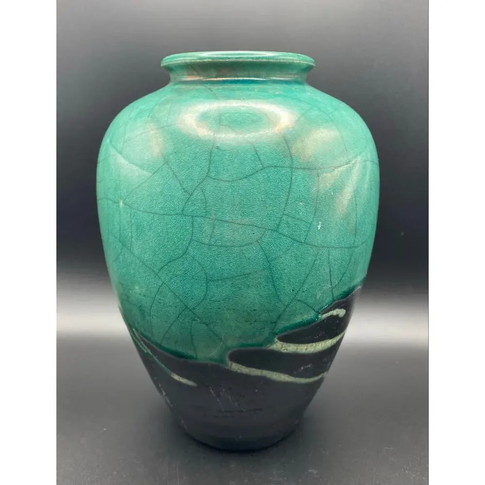 John Melkonian California Raku Studio Pottery Vase Turquoise and Black Crackle,
